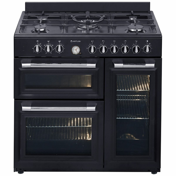 Artusi 90cm Dual Fuel Freestanding Oven Matte Black AFGR935B