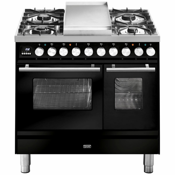 ILVE Professional Plus Series 90cm Dual Fuel Four Burner Teppanyaki Double Oven with Milano Knobs PD09FDWE3BK
