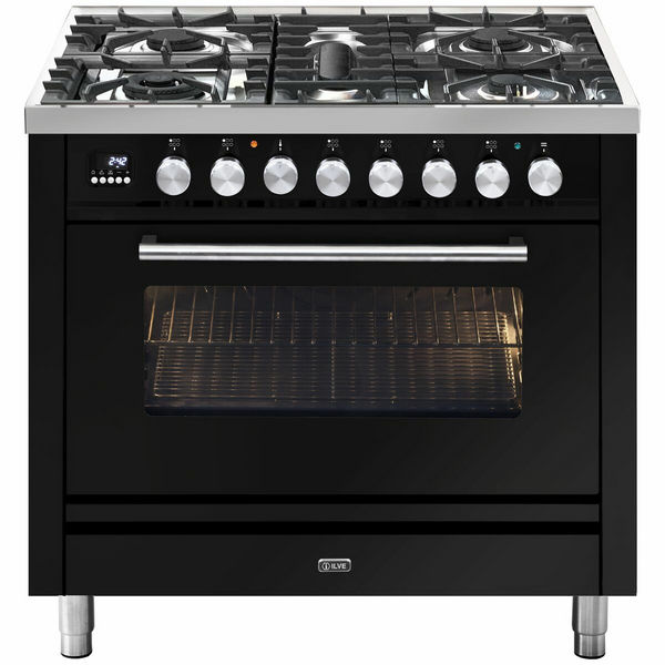 ILVE Professional Plus Series 90cm Dual Fuel Five Burner Oven with Milano Knobs P09PDWE3BK