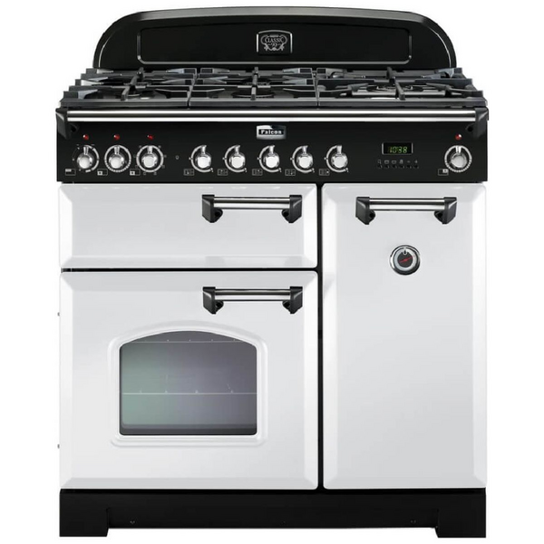 Falcon 90cm Classic Deluxe Freestanding Dual Fuel Oven/Stove White and Chrome CDL90DFWH-CH