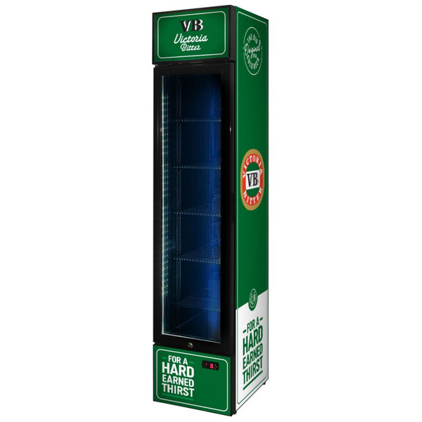 Schmick 160L Victoria Bitter Branded Skinny Upright Bar Fridge SS-P160-VB-V2