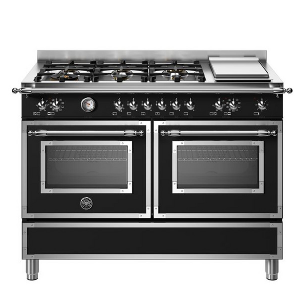 Bertazzoni 120cm Heritage Series 6 Burner + Griddle Plate Matte Black Dual Fuel Freestanding Oven HER126G2ENET