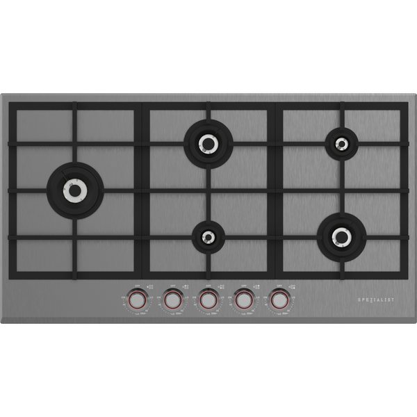 Spezialist 94cm Natural Gas Cooktop 5 Burner Stainless Steel Plate Black Metal Surface S30945SPBBMNG