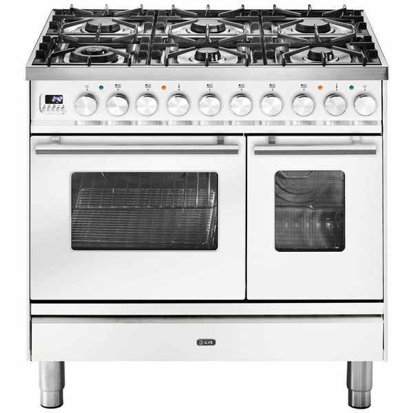 ILVE Professional Plus Series 90cm Dual Fuel Six Burner Double Oven with Milano Knobs PD096DWE3WH