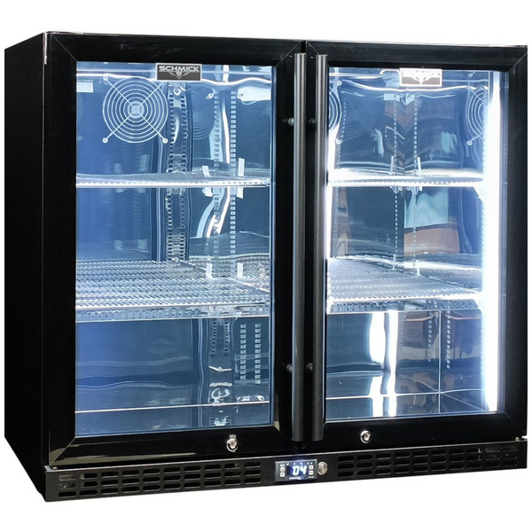 Schmick 233L Heated Glass Quiet Under Bench Black Bar Fridge SK206-B-HD
