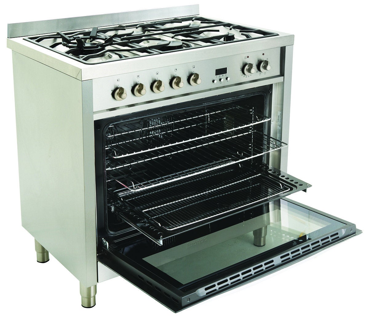 euromaid 900mm freestanding electric oven with double wok gas cooktop